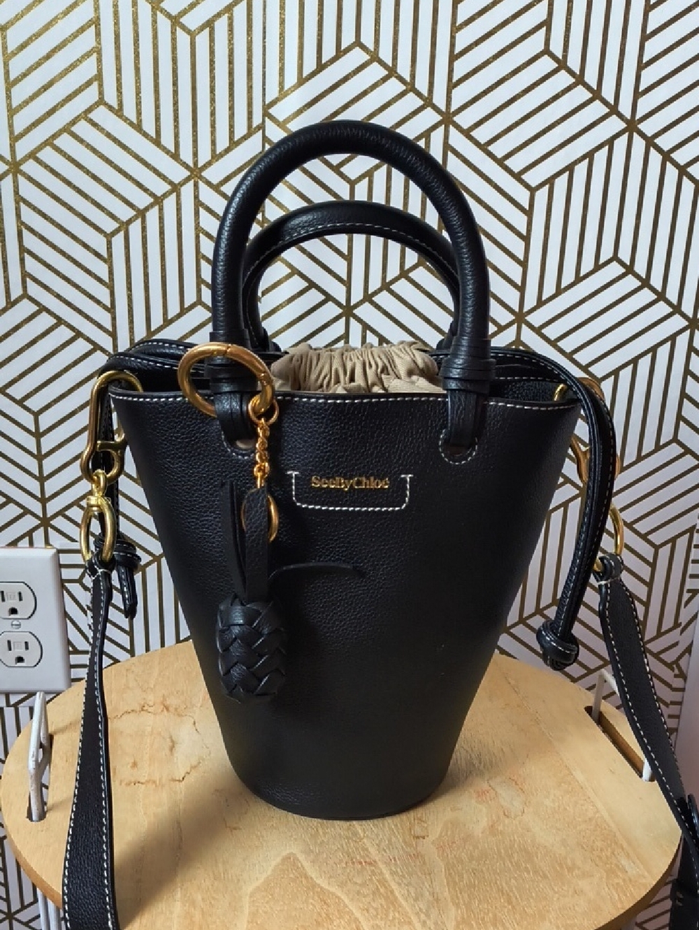 See By Chloe Black Leather Mini Bucket Bag with Gold Hardware and Tan Drawstring